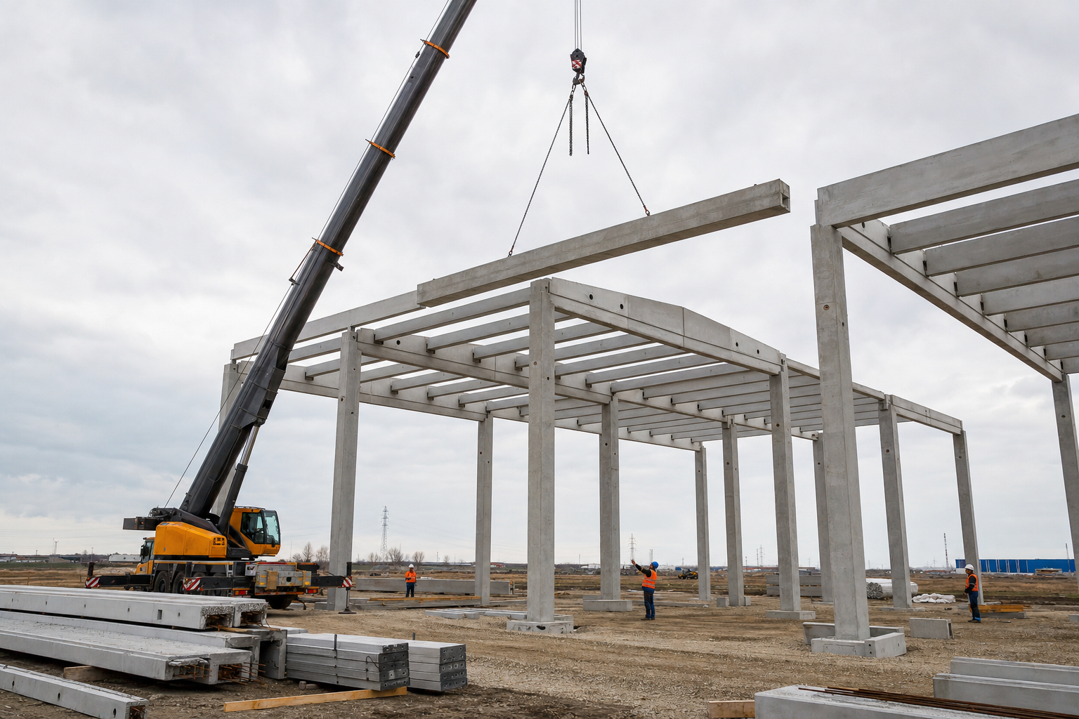 Montajul unei grinzi prefabricate din beton cu macaraua
